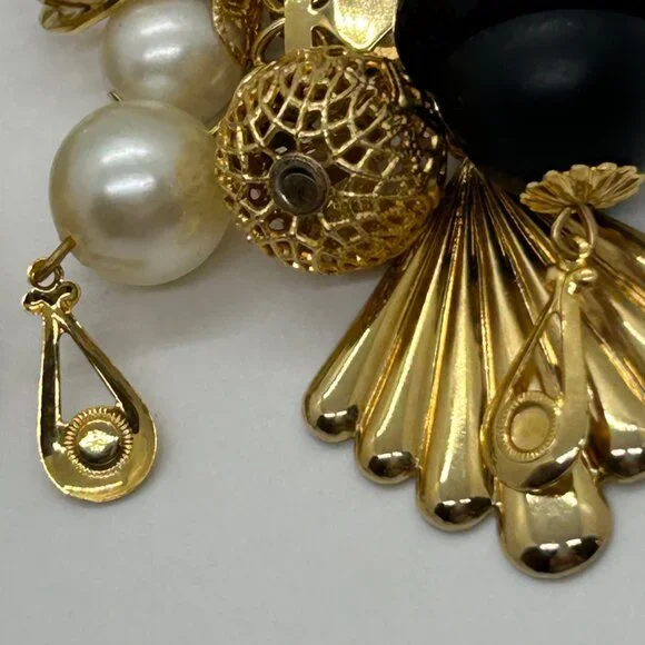 Vintage Gold Black Dangle Earrings Faux Pearl Geometric Retro Runway Chandelier - Picture 7 of 16